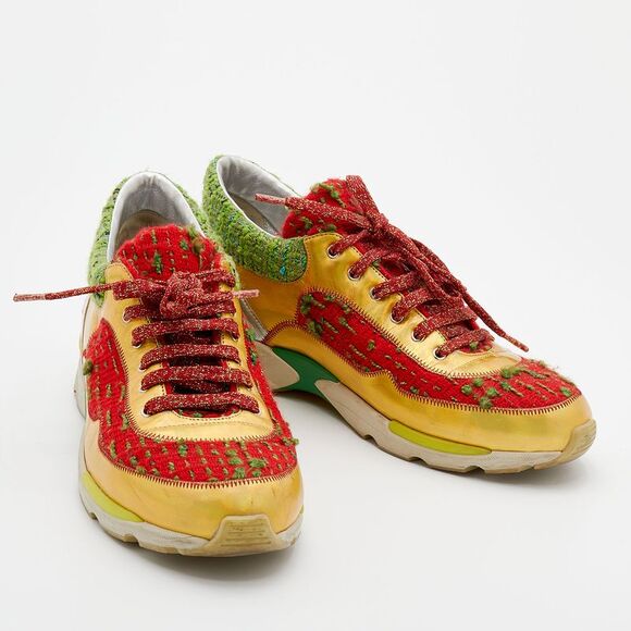 Chanel Multicolor Tweed Fabric And Leather CC Lace Up Sneakers Size 40 - Picture 4 of 4